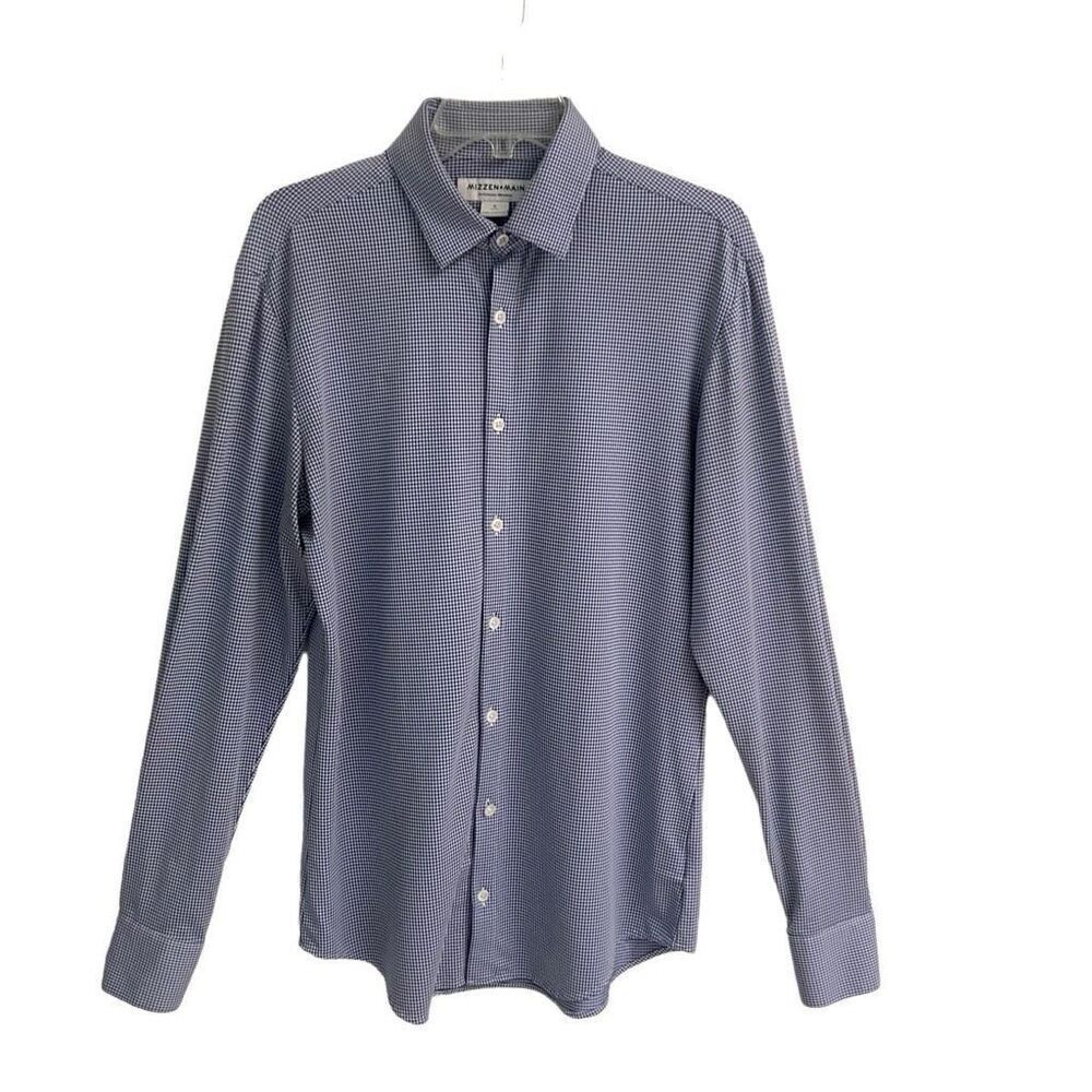 Mizzen+Main Performance Menswear Trim button up blue gingham print shirt S￼‎